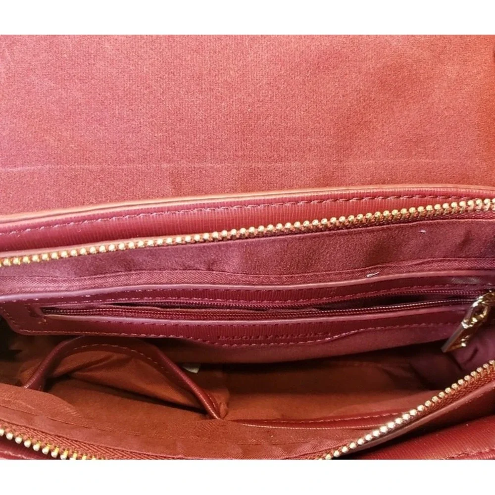 Badgley Mischka Burgundy Saffiano Faux Leather Bow Crossbody Flap Bag Gold Logo